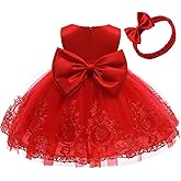 TUIJI 0-6T Big Bowknot Toddler Baby Girls Formal Dresses Pageant Party Lace Embroidery Dress with Headwear