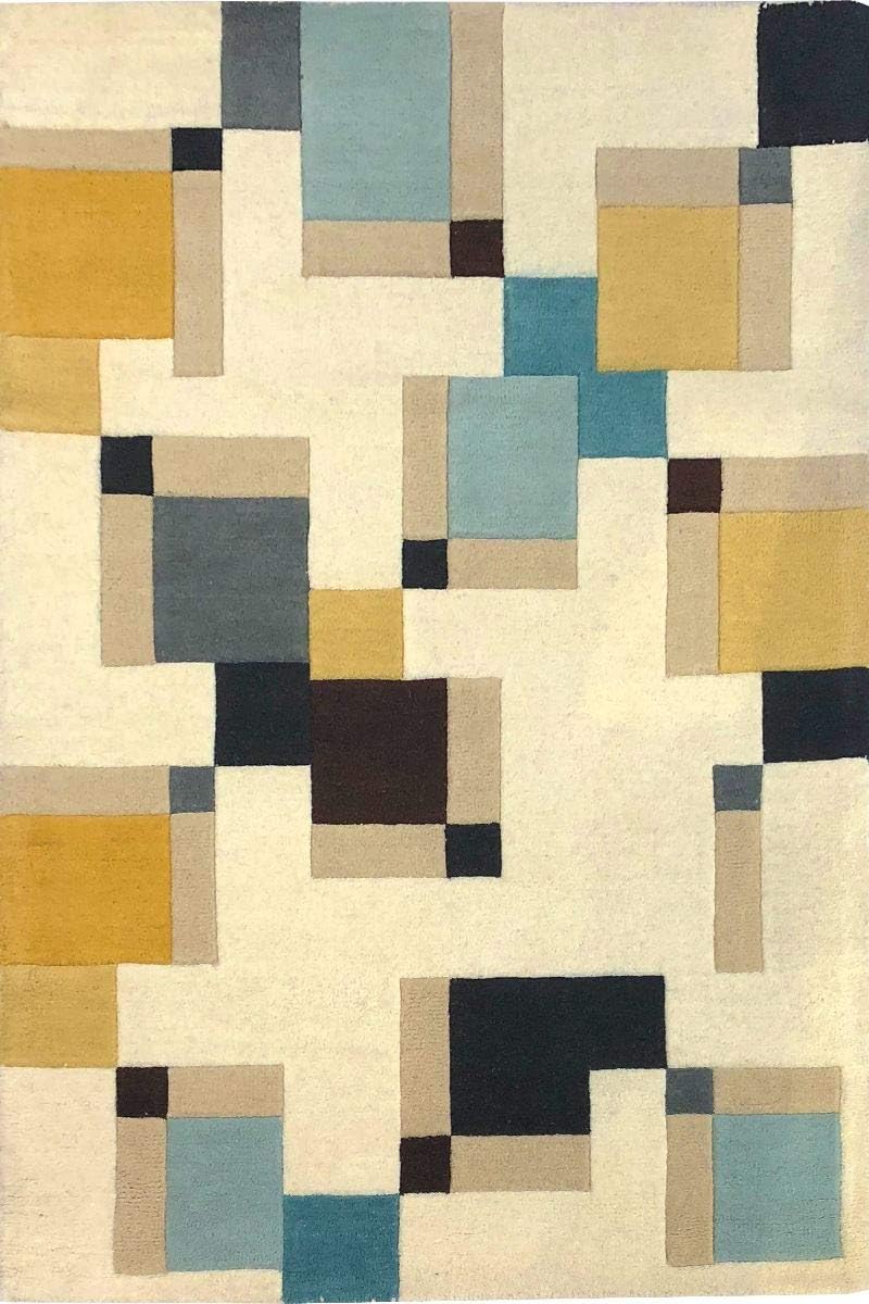 Modern Style Rugs Living Room Rug - 100% Wool Large Geometric Home Accessories Area Floor - Ideal for Wooden Flooring and House Decor Lounge Carpet Abstract Blocks Blue/Ochre 120X170cm
