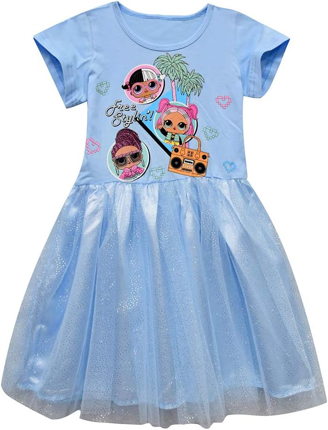 Pandamo Girls Tutu Tulle Princess Dress Doll Digital Print Short Sleeve Gown Dress for Doll Surprised