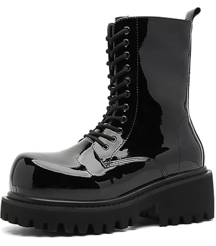 Black Patent Leather Platform Combat Boots Men\'s Chunky Lug Sole Lace Up Side Men main image 2