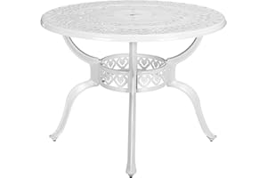 VIVIJASON 38.5" Patio Bistro Table Outdoor Dining Round Table White Cast Aluminum Table with Umbrella Hole