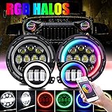 T-Former DOT Approved 7'' RGB LED Headlights and 4 '' LED Fog Lights Halo Ring for Jeep Wrangler 1997-2018 JKU JK Rubicon TJ LJ