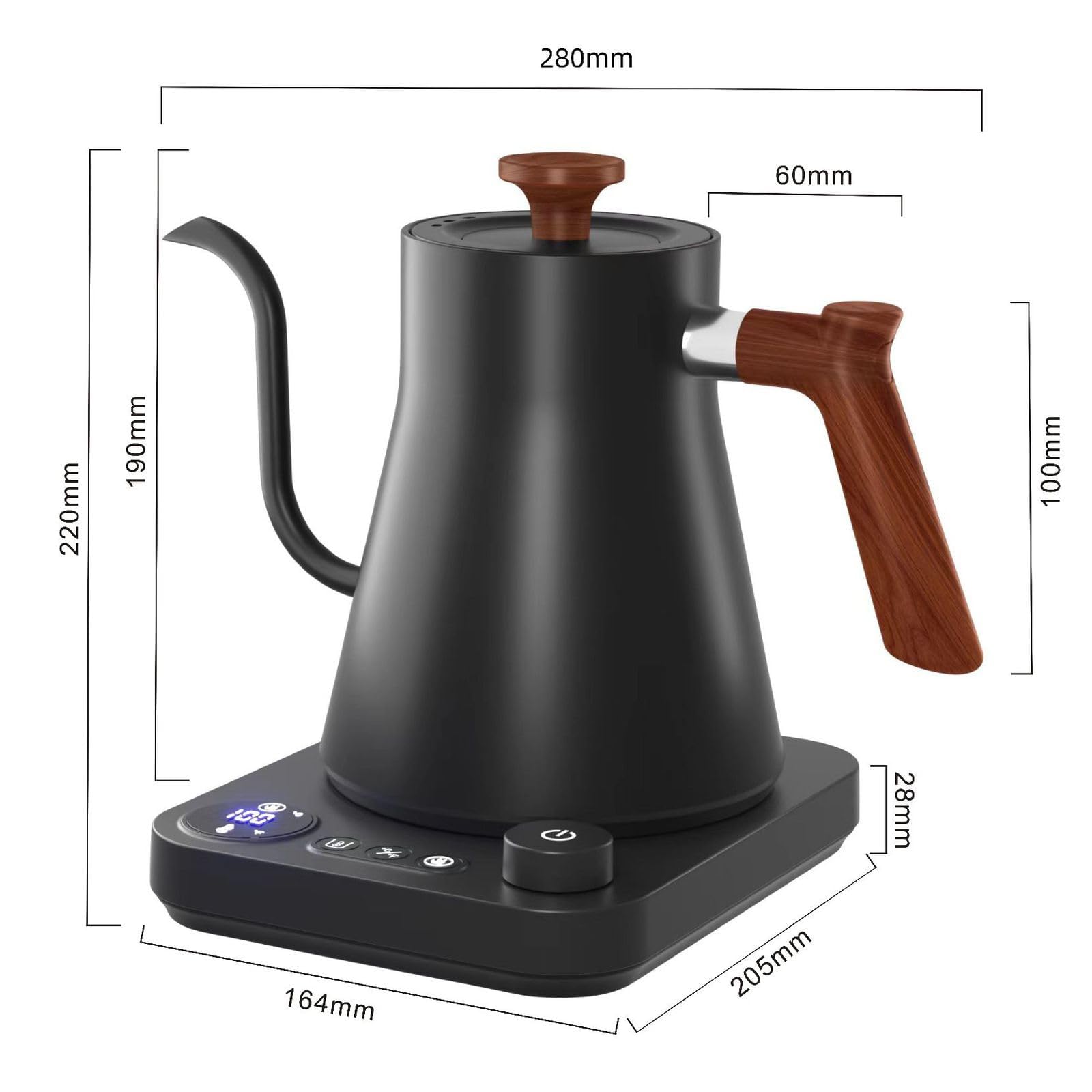 Hervidor eléctrico digital inteligente con control de temperatura variable, interior de acero inoxidable, hervidores eléctricos de cuello de cisne de calentamiento rápido de 1200 W, elegante acabado mate para café y bebidas calientes, 0,9 L (negro)