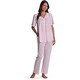 Miss Elaine PJ Set - Women's Nylon Tricot Pajama Set, Short Sleeves, Round Neckline with Embroidered Trim, Button Front Top