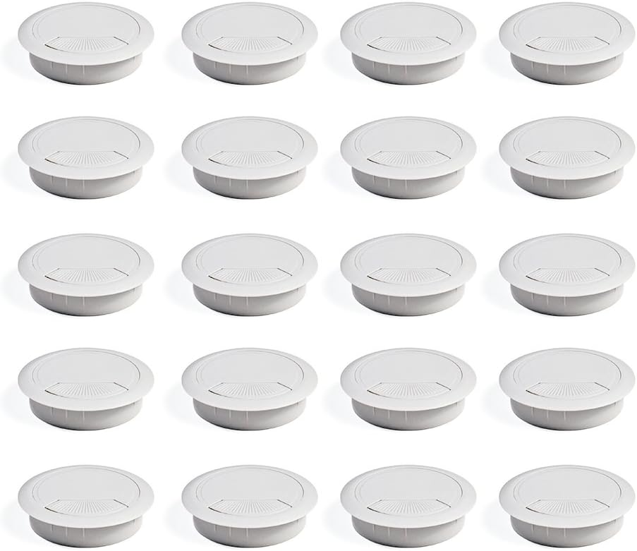 Emuca White Plastic Desk Cable Grommet 60mm Hole Set of 20 for Table Worktop