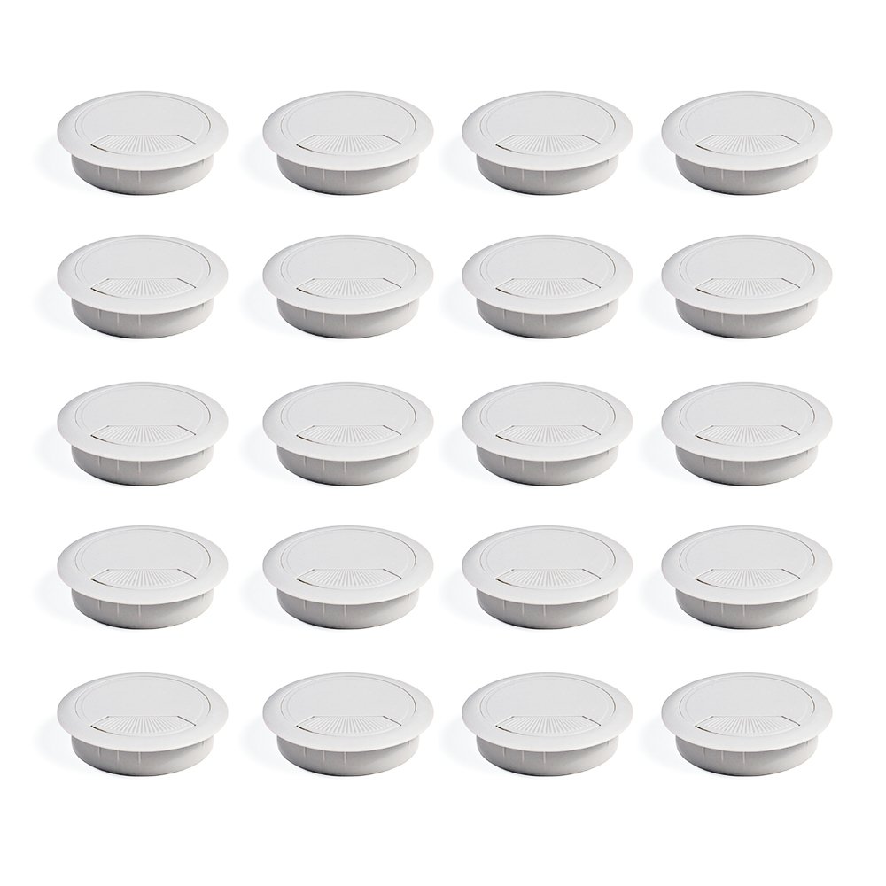 Emuca - Ø60mm round grommet from white plastic, desk cable grommet to build in table/desk/worktop, Set of 20