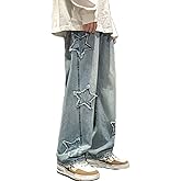 Y2k Baggy Jeans for Men,Hip Hop Grunge Demin Pants Wide Leg Loose Joggers Star Graphic Jeans