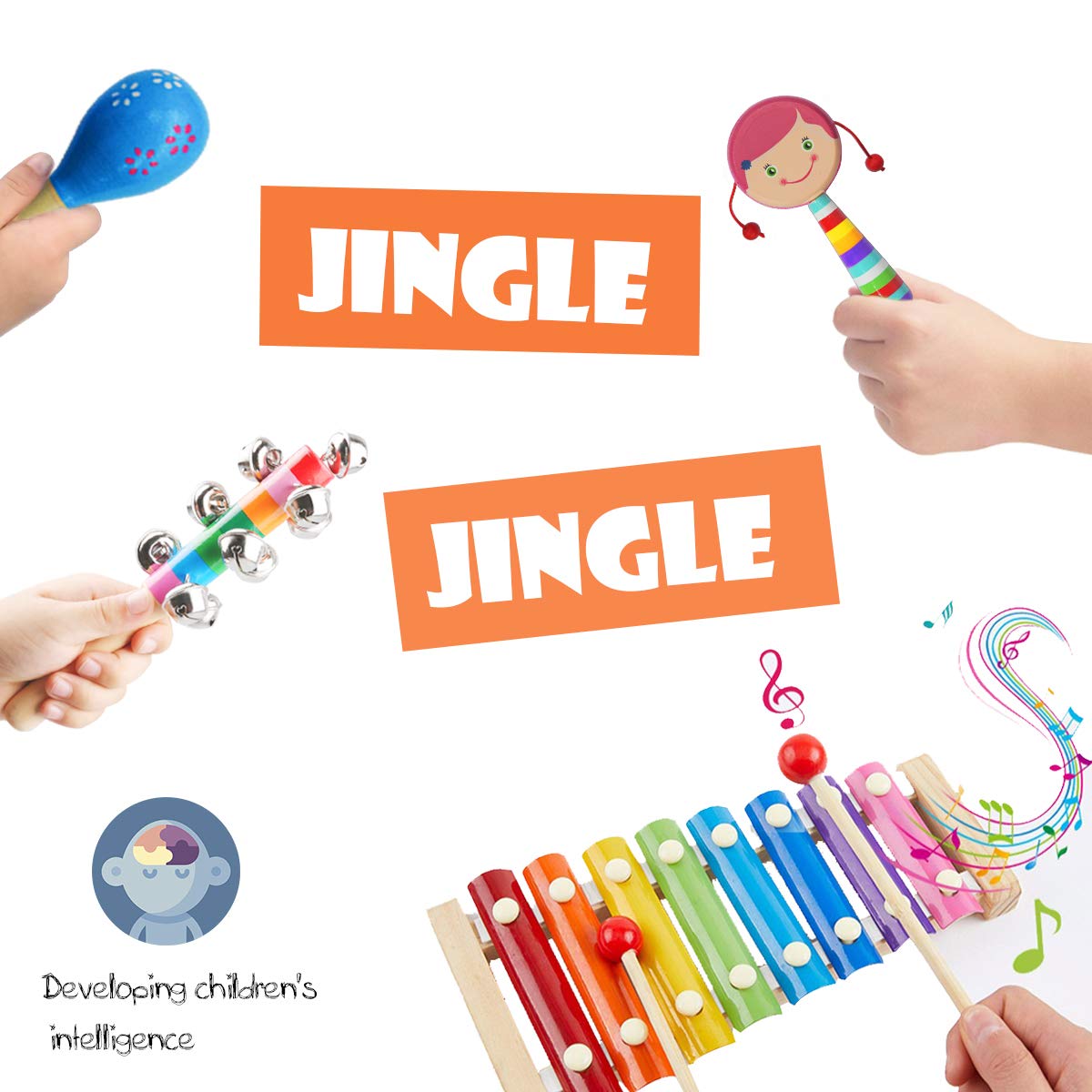 CACA 15pcs Musical Instrument Kit with Xylophone | Wooden Percussion Instruments Toy for Kids Toddler Preschool Educational | Early Learning Musical Toy Gift Set for Boys and Girls