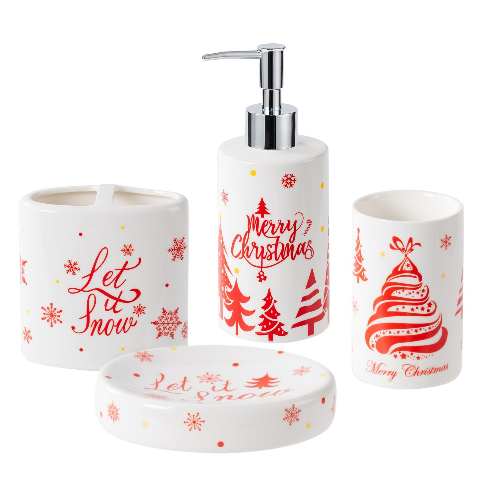 Photo 1 of *PARTIAL SET*
Christmas Bathroom Accessories Set, 4-Piece Ceramic Bathroom Accessory Set Include Lotion Dispenser, Toothbrush Holder Tumbler, and Soap Dish (White)