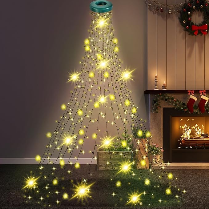 GloBrite Christmas Tree Lights with Ring - 2 m * 16 Lines, 400 LED Xmas Lights, 8 Modes, Memory & Timer, IP44 Waterproof, Indoor & Outdoor Christmas Decorations, 5M Lead Wire (Multi-Coloured)