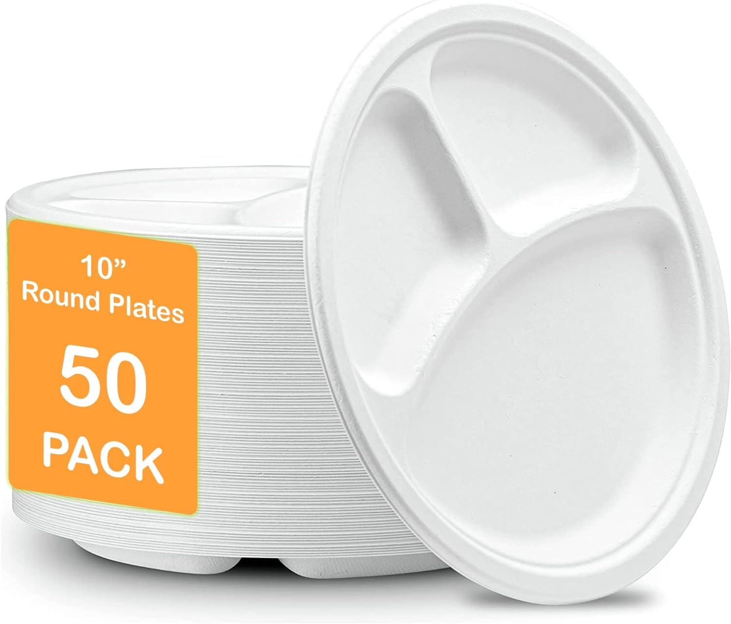 aaksh 555 Pack of 50, 10" Strong 3 Compartment Disposable Plates Party Lunch Dinner Plates Super Rigid Biodegradable Eco Friendly Dinner Plates CAN BE Used for Hot & Cold Foods Party Plates