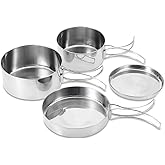 Camping Cookware Set, 4Pcs Stainless Steel Mess Kit with Foldable Handles, Portable Backpacking Cookware, Non-Stick Pots and Pans for Camping, Hiking & Outdoor Cooking