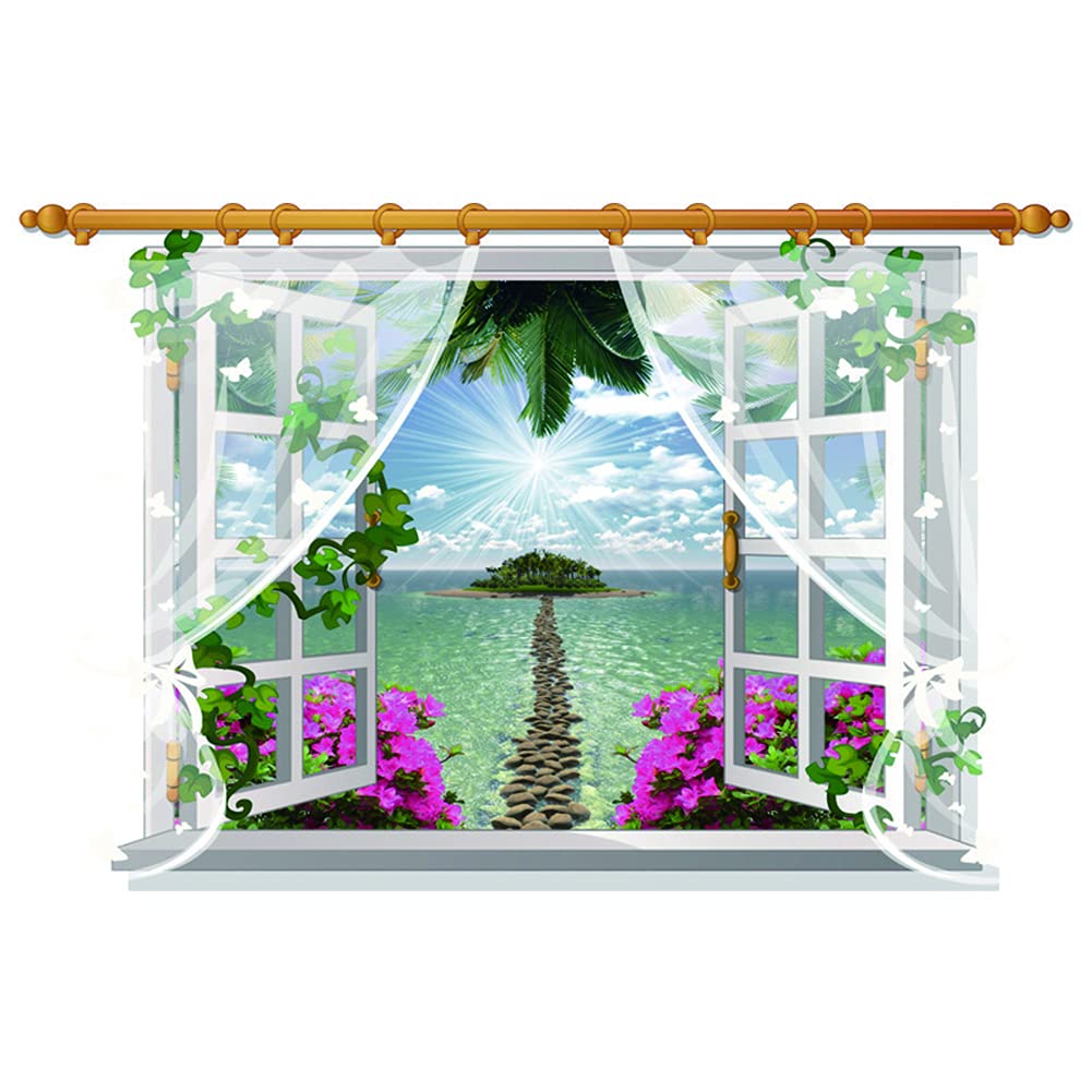 3D Window View Scenery Wall Sticker Mural Art Decal for Home Decor Ocean Beach View with Curtain