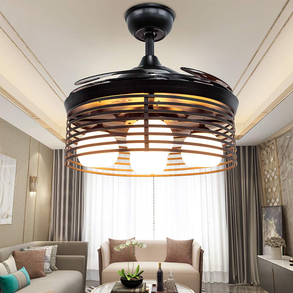 Huston Fan Retro Black Chandelier Fan with 3 Bulb for Bedroom 42 Inch Personality Retractable Ceiling Fan Light Three Light Source-White,Warm,Neutral,Quiet Energy Saving,Three Down Rod,Not Dimmable