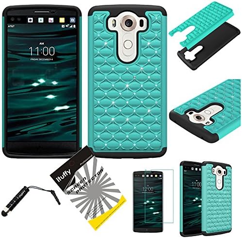 For LG V10 / ITUFFY 3items Combo: Stylus Pen + LCD Screen Protector Film + Diamond Dazzle Rubberized Hard Plastic + Soft Rubber TPU Skin Dual Layer Tough Hybrid Case (Dazzle Mint)