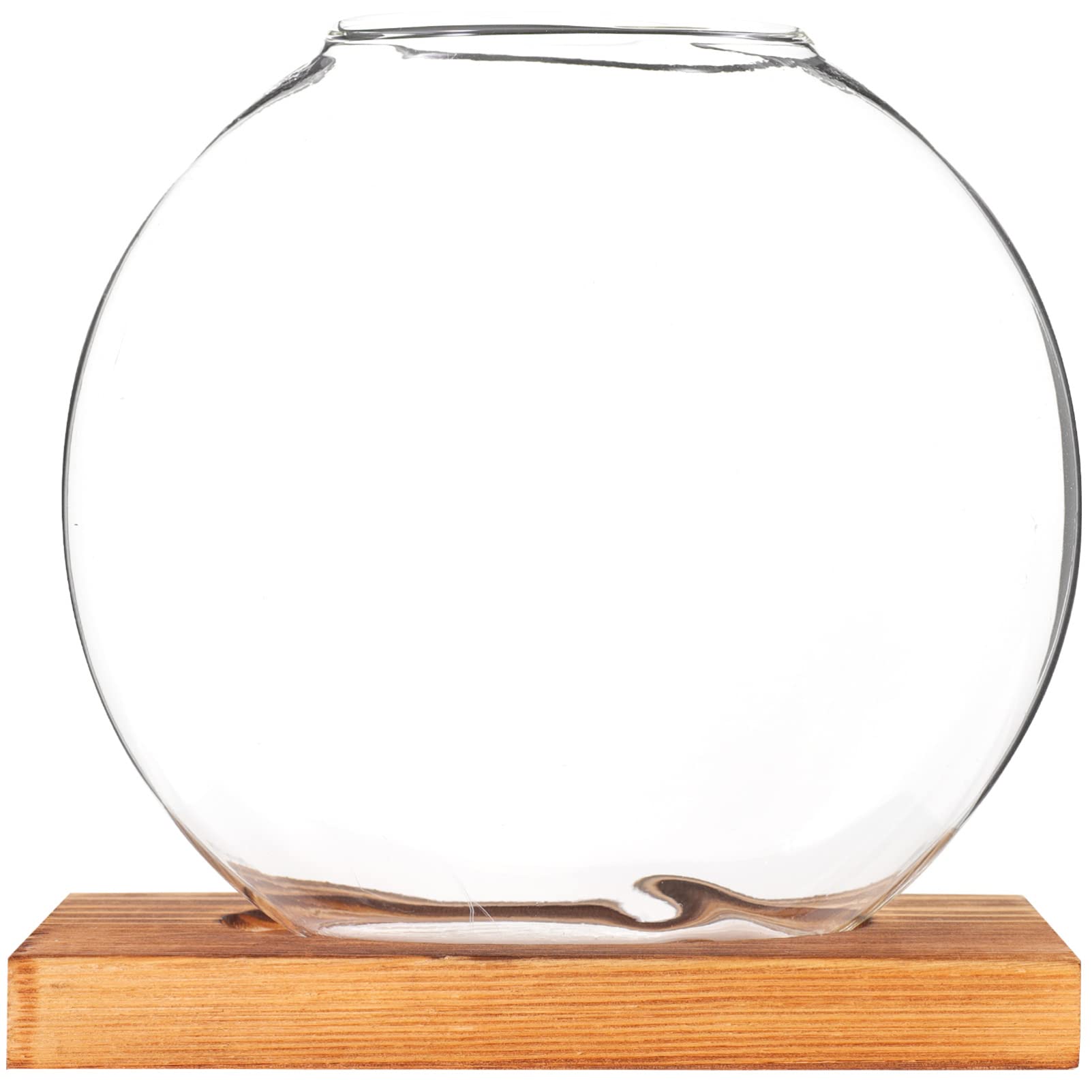 GANAZONO Desktop Round Glass Planter Terrarium Vase with Wooden Stand for Propagation Small Hydroponic Plants Home Office Decor Small Fish Tank Flat Fish Bowl