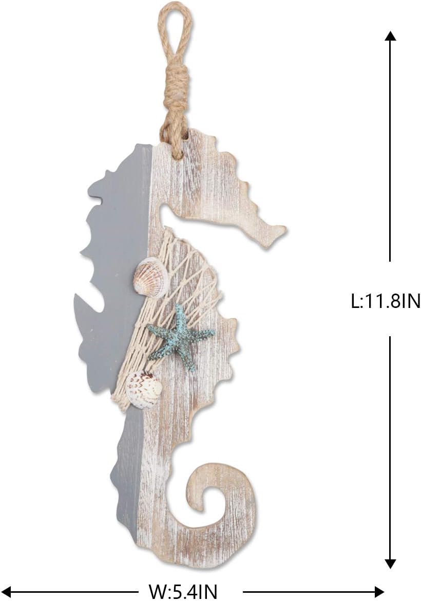 YiYa 30 CM Wooden Decor Seahorse with Starfish and Shells for Nautical Decoration Wall Decor Door Hanging Ornament Beach Theme Home Decoration - Image 3