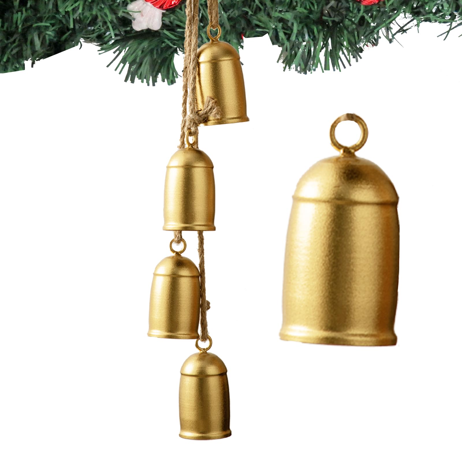 HuiDao Christmas Bells, Gold Cow Bells Christmas Decor Indoor, 4-PCS Rustic Brass Bells Vintage Hanging Bell for Christmas Tree Decoration, Door Knob (Doliform), CB-T01