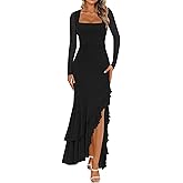 BORIFLORS Women's Bodycon Ruched Mesh Long Sleeve Maxi Dress Mermaid Ruffle Formal Cocktail Party Long Dresses