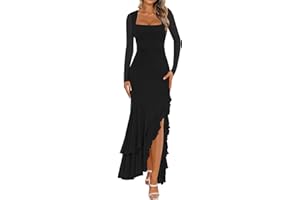 BORIFLORS Women's Bodycon Ruched Mesh Long Sleeve Maxi Dress Mermaid Ruffle Formal Cocktail Party Long Dresses