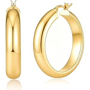 Chunky Gold Hoop Earrings for Women Large 14K Gold Plated Hoops Earring | Non Tarnish Gold Chunky Hoops for Sensitive Ear 14K