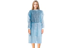 EZGOODZ Blue Disposable Isolation Gown. 10 Pack Disposable Gowns Medical with Cuffs, Sleeves, Back Ties. 45 GSM SPP Disposable Medical Gowns for Women and Men. Unisex Disposable Surgical Gowns