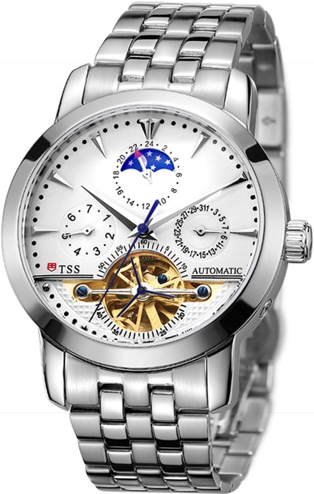 TSS Men’s Automatic Tourbillon Moonphase Watch T8030 - Mechanical Stainless Steel Round Watch Synthetic Sapphire Pure & Clear Window - Water Resistant Up to 50m