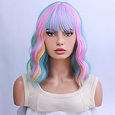 WTHCOS Rainbow Wigs for Women Short Curly Wavy Multi Color Wig for Girls Short Bob Wig With Bangs Heat Resistant Synthetic Wigs for Cosplay Costume Party (Colorful Wig)