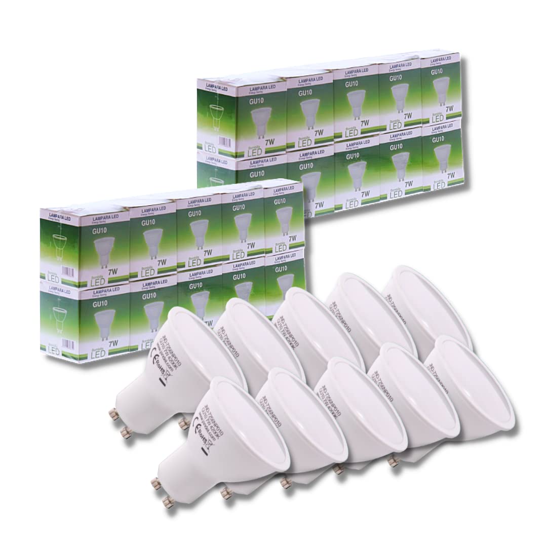 JANDEI - 7W GU10 LED Bulb, Cool White 6000K - Pack of 20-650 Lumens, Non-Dimmable (Equivalent to 27W Halogen) - for Indoor use - Lifespan of up to 15 Years