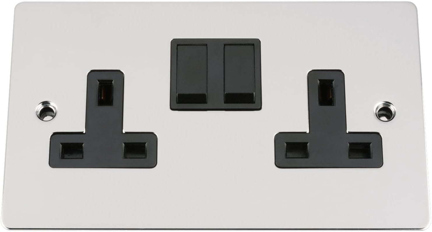 Wall Socket Double / 2 Gang - Polished Chrome Flat - Black Insert Plastic Switch - 13A Double Wall Plug Socket