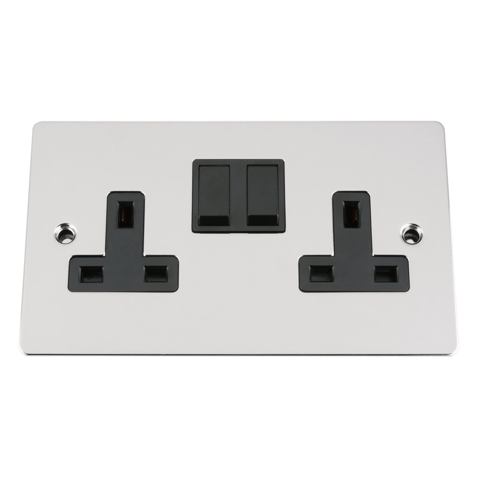 Wall Socket Double / 2 Gang - Polished Chrome Flat - Black Insert Plastic Switch - 13A Double Wall Plug Socket
