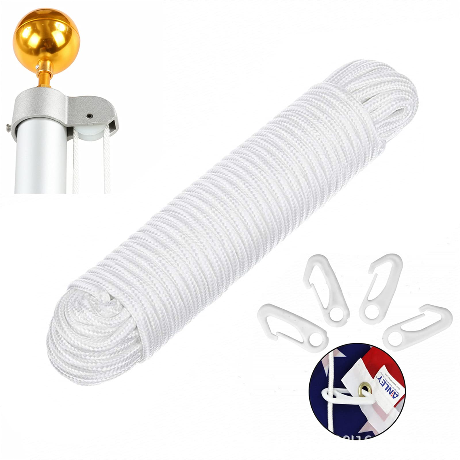 YINLER 49 Ft 6mm Nylon Flag Rope,White 15M Double Braided Flag Pole Line with 4pcs Clips,Washing Line for Hanging Flags/Clothes Outdoor Travel Garden (CY0889)