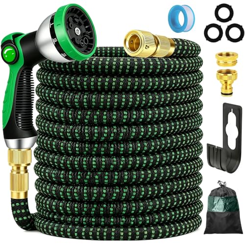 NIUCNIU Expandable Garden Hose Pipe 100FT/30M, 10-Pattern Spray Nozzle, Brass Fittings 1/2" & 3/4", Durable 3750D Fabric, 4-Layer Latex Core, Hose Pipe for Gardening, Car Cleaning, Black&Green