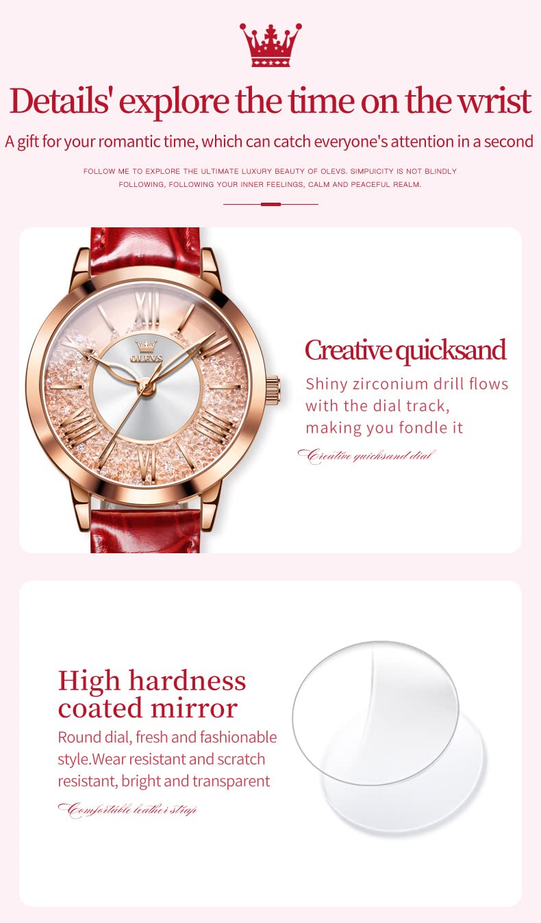 OLEVS Classic Leather Watches for Women, Business Dress Rhinestone Roman Numerals Ladies Watches, Waterproof Analog Quartz Womens Wrist Watches, Relojes para Mujer Pink, Red, White Leather Strap