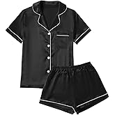 LYANER Women's Satin Pajamas Set Short Sleeve Button Shirt Silky Sleepwear with Shorts Set PJ