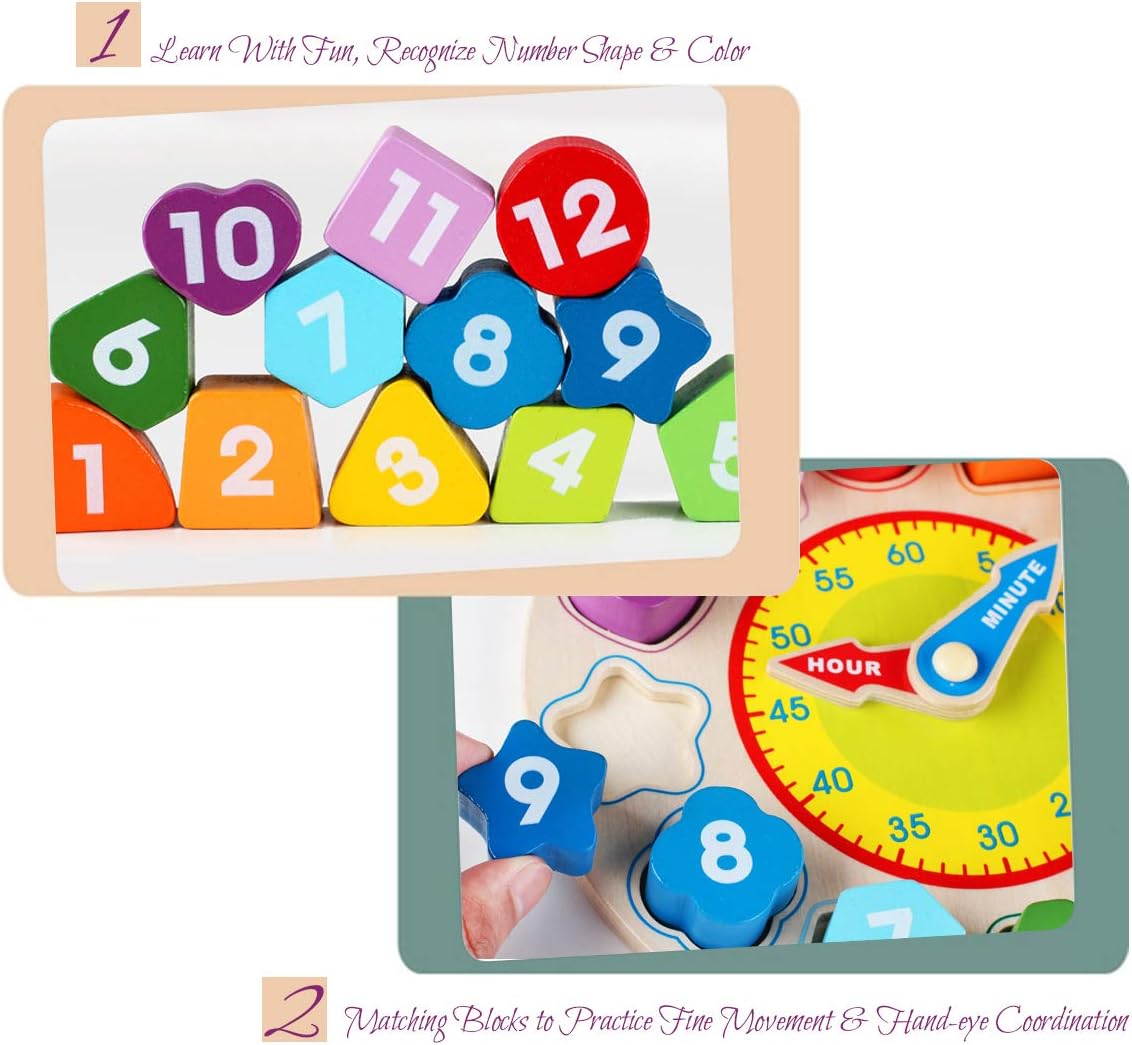 N2 Time Clock Toy for Kids Wooden Time Learning Shape Sorting Color Game Montessori Early Education Math Set Kid Jigsaw Play Tool Preschool Toddler Puzzle Toy Gift for Boys Girls Birthday Age 3 4 5 6: Toys & Games