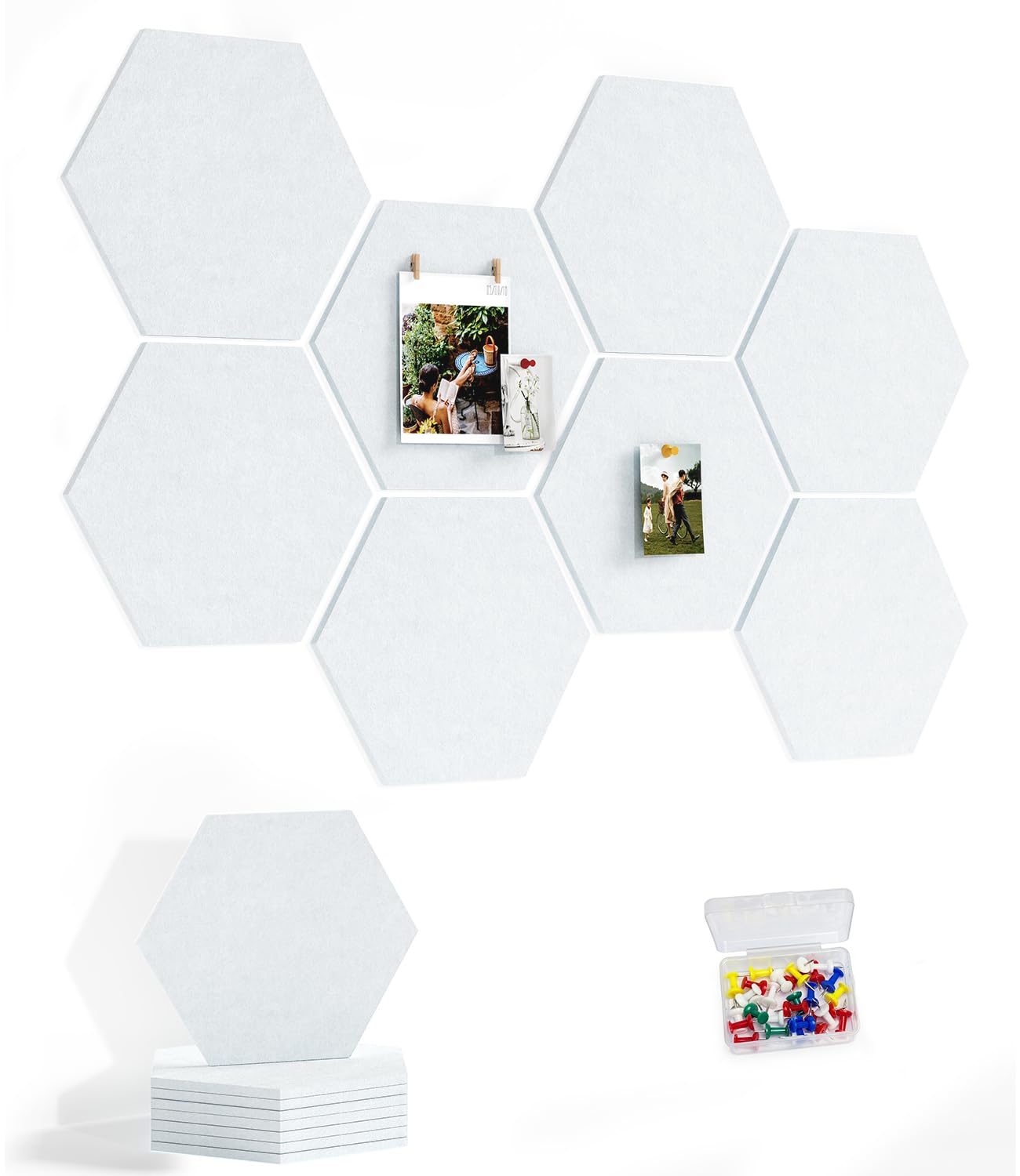 Uoisaiko 30cm Large Felt Hexagon Bulletin Board with 30 Push Pins, Pack of 8 Pin Board Notice Boards for Home Office Kitchen, Felt Wall Tiles for Photos Memos