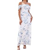 KUTUMAI Women Floral Off Shoulder Maxi Dress Summer Ruched Bodycon Long Formal Wedding Guest Dresses 2025