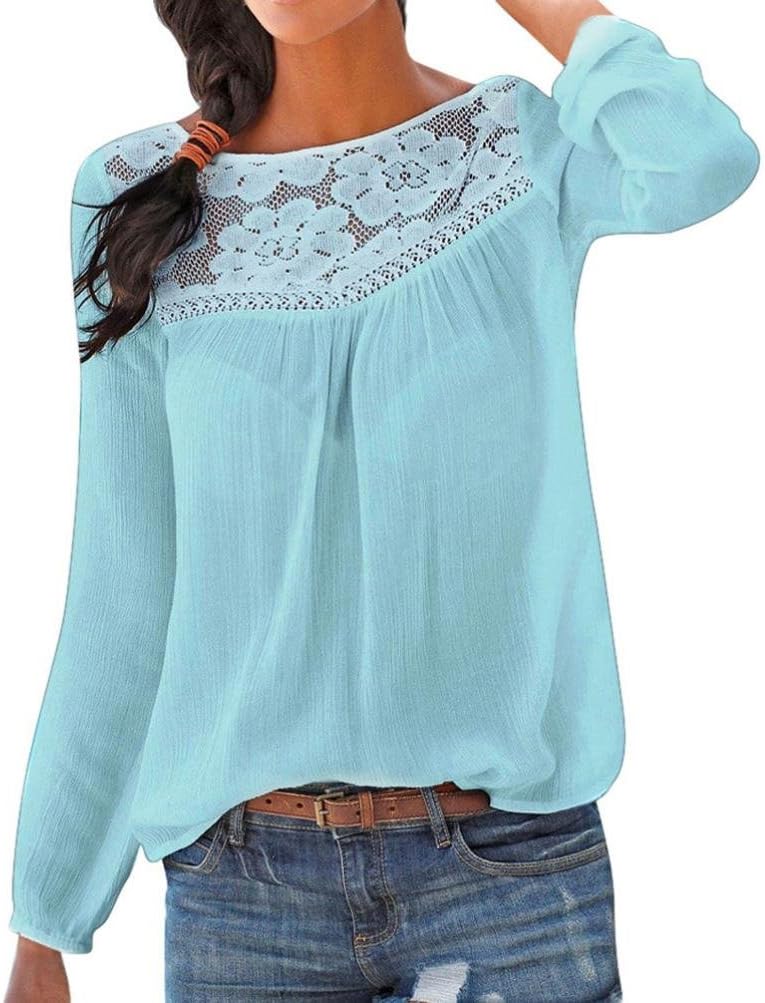iYmitz Women Casual Long Sleeve Lace Patchwork Tops Solid Spring Summer Autum T-Shirt Blouse