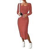 ETCYY NEW Womens Fall Dresses Square Neck Knitted Elastic Basic Spring Bodycon Versatile Slit Dress