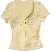 MakeMeChic Women's Deep V Neck Tee Shirt Short Sleeve Fitted Going Out Crop Tops