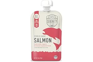 Serenity Kids 6+ Month Baby Food Puree Pouches with Wild Caught Salmon, Butternut Squash & Beet - Ethically Sourced Meat & Organic Veggies - 3.5 Oz BPA-Free - 12 Count