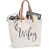ELEGANTPARK Wifey Tote Bag for Bride - Large Canvas Wedding Bag with Zipper - Bachelorette Party Engagement Gift, Honeymoon Beach Travel Bag