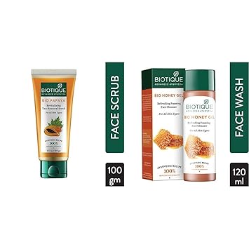 Biotique Papaya Revitalizing Tan Removal Scrub, Transparent, 100 g & Biotique Bio Honey Gel Refreshing Foaming Face Cleanser, 120ml