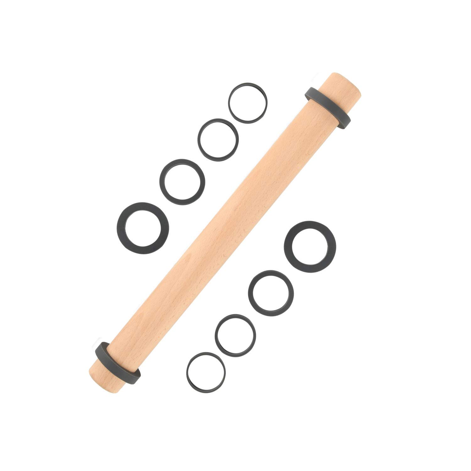 Super Kitchen Adjustable Beech Wood Rolling Pin with Removable Silicone Thickness Guide Rings- Wooden Dough Roller Baking Accessory for Pizza, Pasta, Cookie, Pastry, Fondant Icing (40 x 3.9 cm)