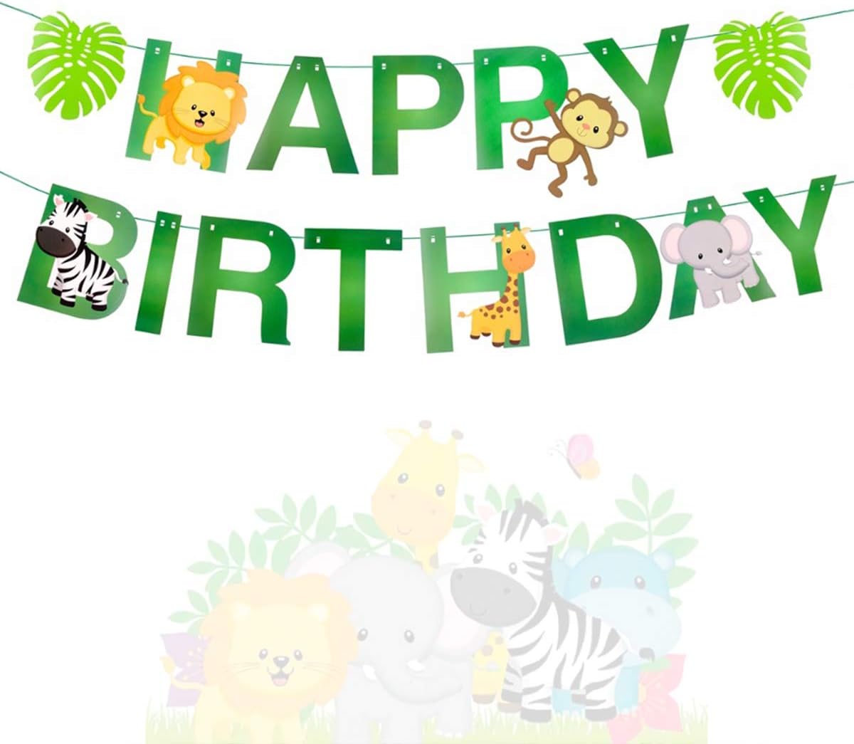 KUDES 15pcs Jungle Animals Leaves Happy Birthday Banner, Cute Zoo Party Decoration Supplies for Woodland Garland Forest Themed Birthday Festival Party