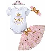 vivifayee Baby Girls 1st First Birthday Outfits Cotton Romper TuTu Skirt Set with Sequins Bowknot Headband 3Pcs