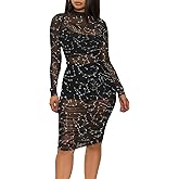 LYANER Women's Mesh Dress Long Sleeve Bodycon 3 Piece Outfits with Cami Shorts