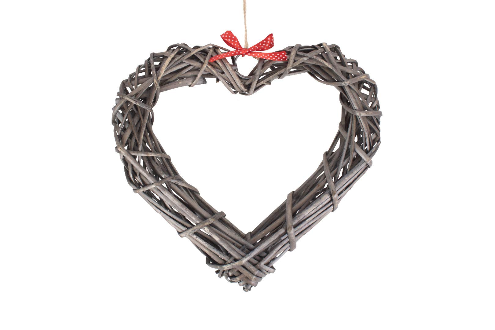 Antique Wash Willow Wide Heart Wreath With Red Spotty Ribbon 25cm Diameter