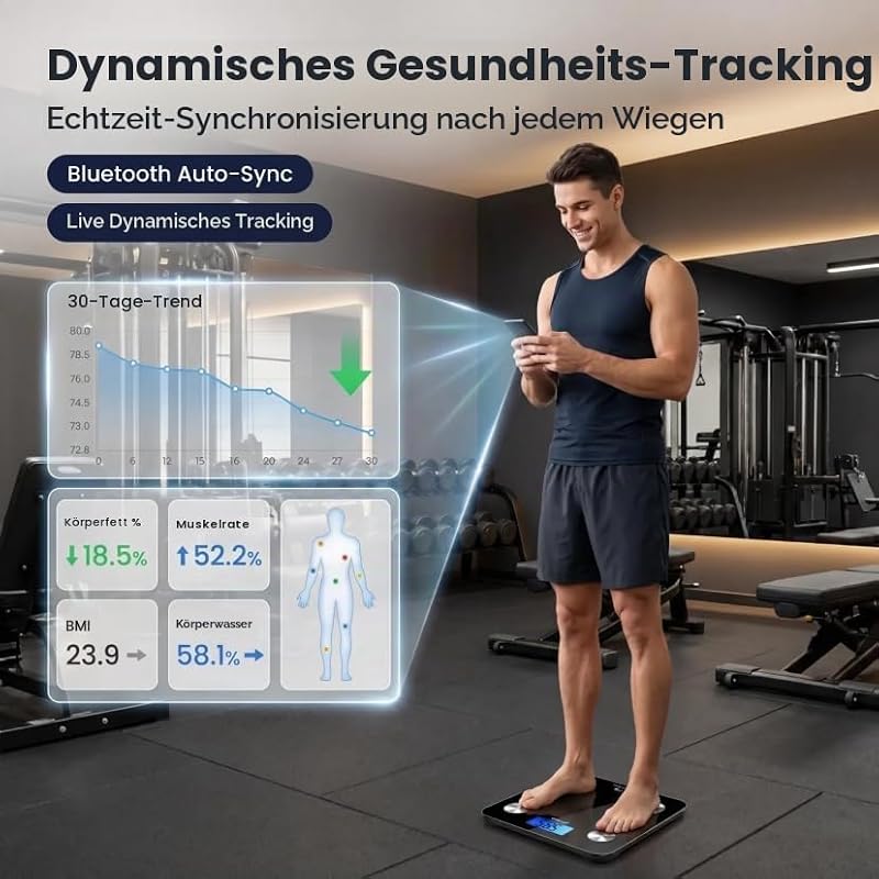 HFitness Personenwaage mit 19 Körperanalysewerten, Große 28×28cm Trittfläche, Bluetooth Körperfettwaage mit App, Digitale Körperanalysewaage Schwarz